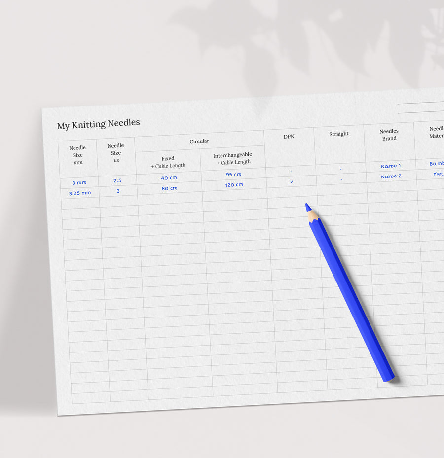 Printable Knitting Needles Inventory