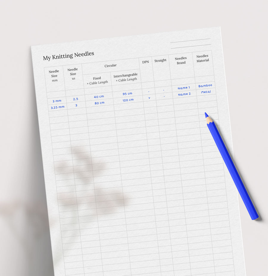 Printable Knitting Needles Inventory